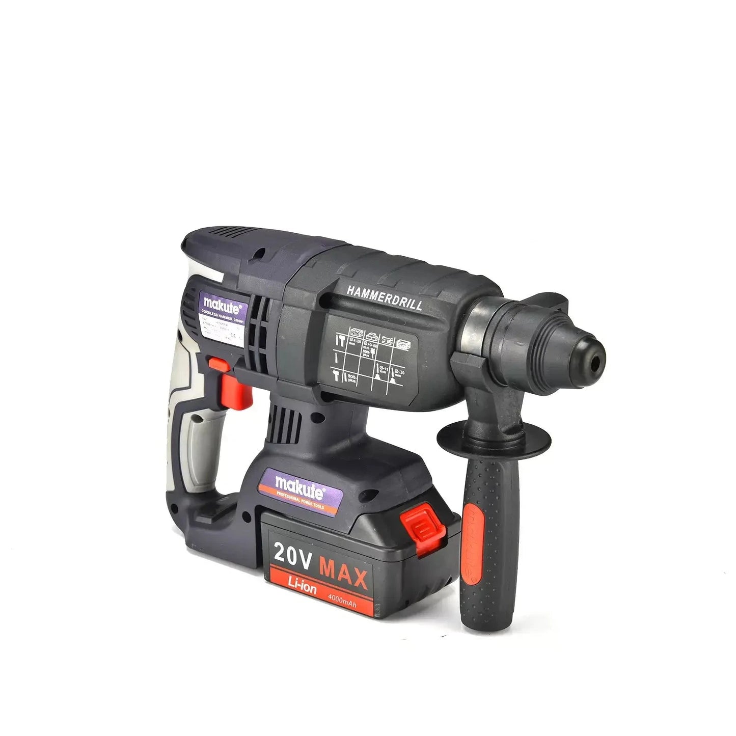 Cordless Hammer Drill CHD001 With 1 Battery from Makute, showcasing heavy-duty design, three function convert style, and ergonomic soft grip handle.