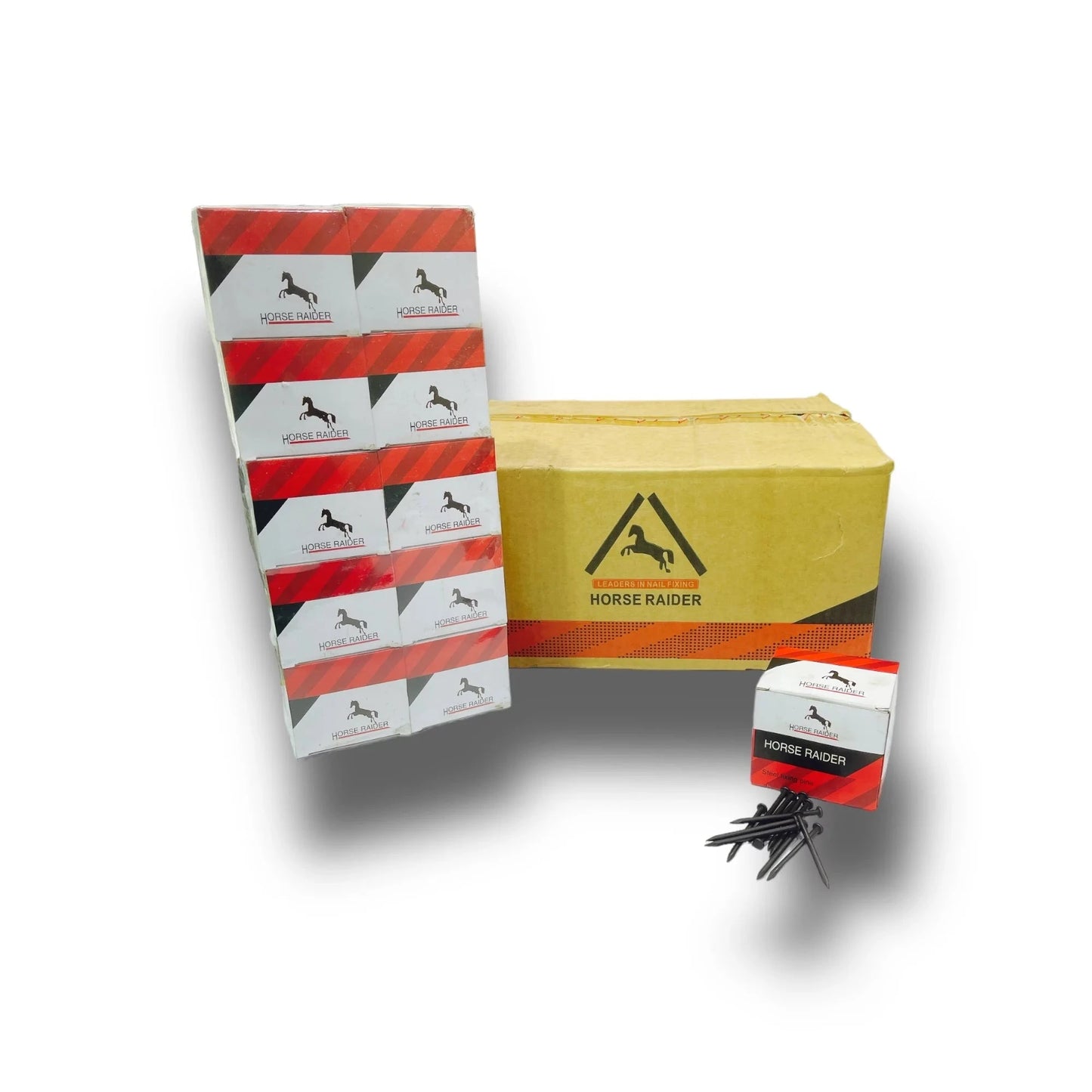 Steel Nails New Horse Raider packaging and product display, showcasing heavy-duty galvanized steel nails designed for equestrian needs, promoting safety and durability.