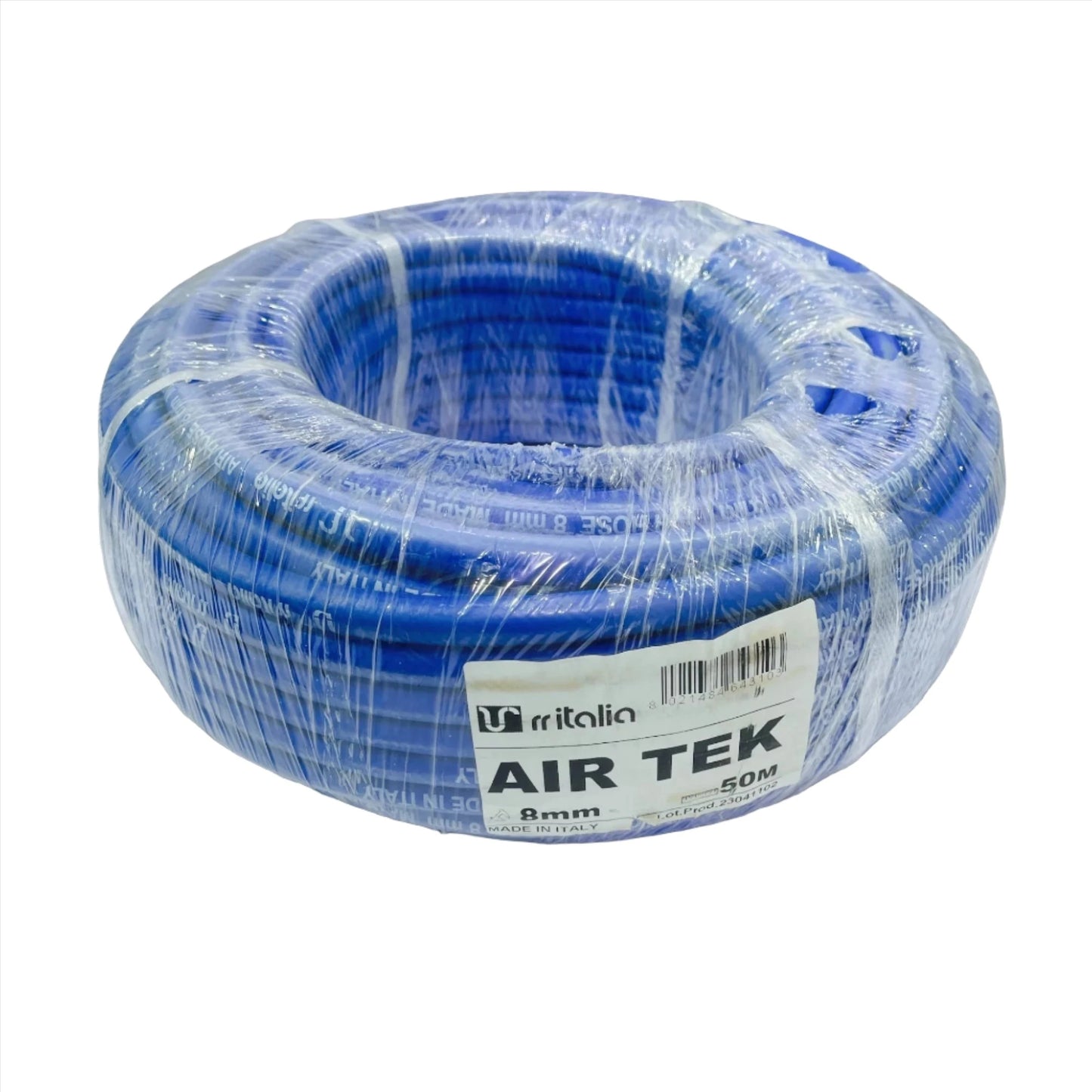 Hose Air Tek 8mm made in Italy, a high-quality blue air hose coiled and ready for use, showcasing its 50-meter length and durable construction.