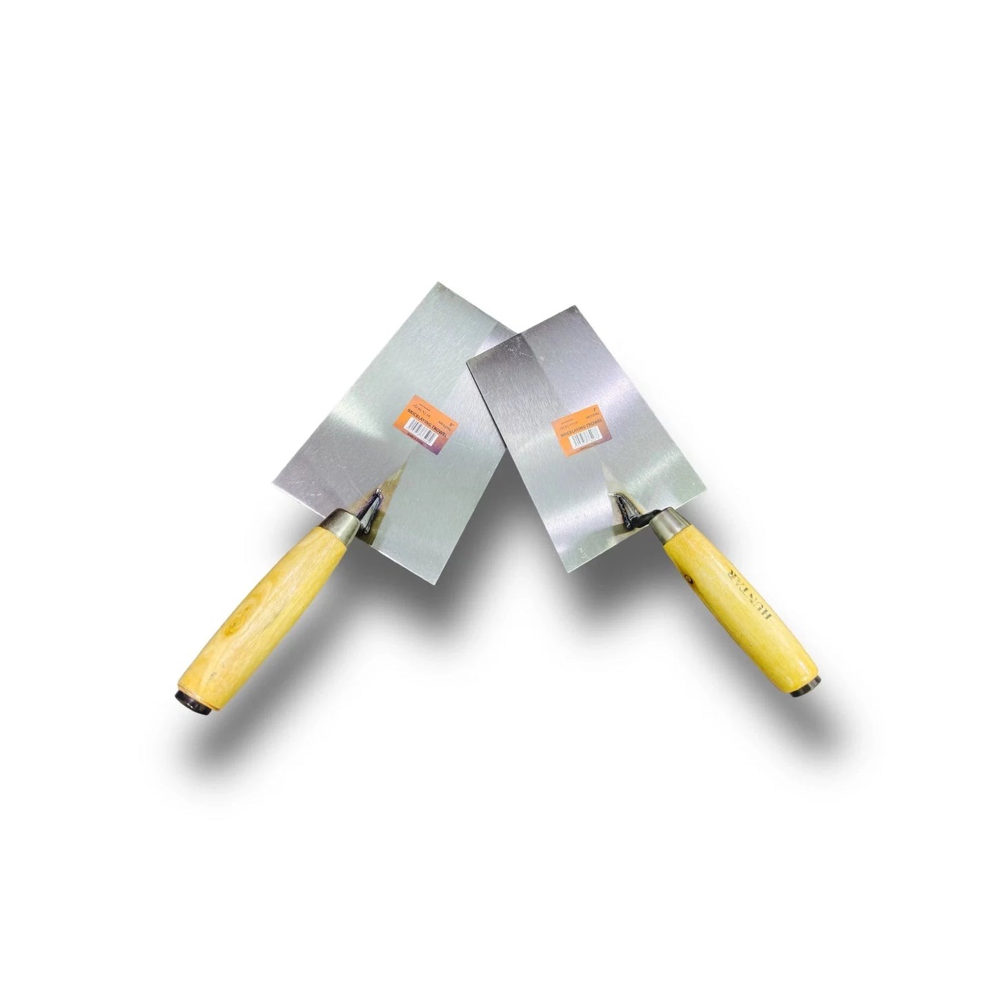 Brick Trowel Square Wooden Handle Huntar, featuring a sturdy design with a wooden handle, ideal for precise masonry work, showcasing two trowels.