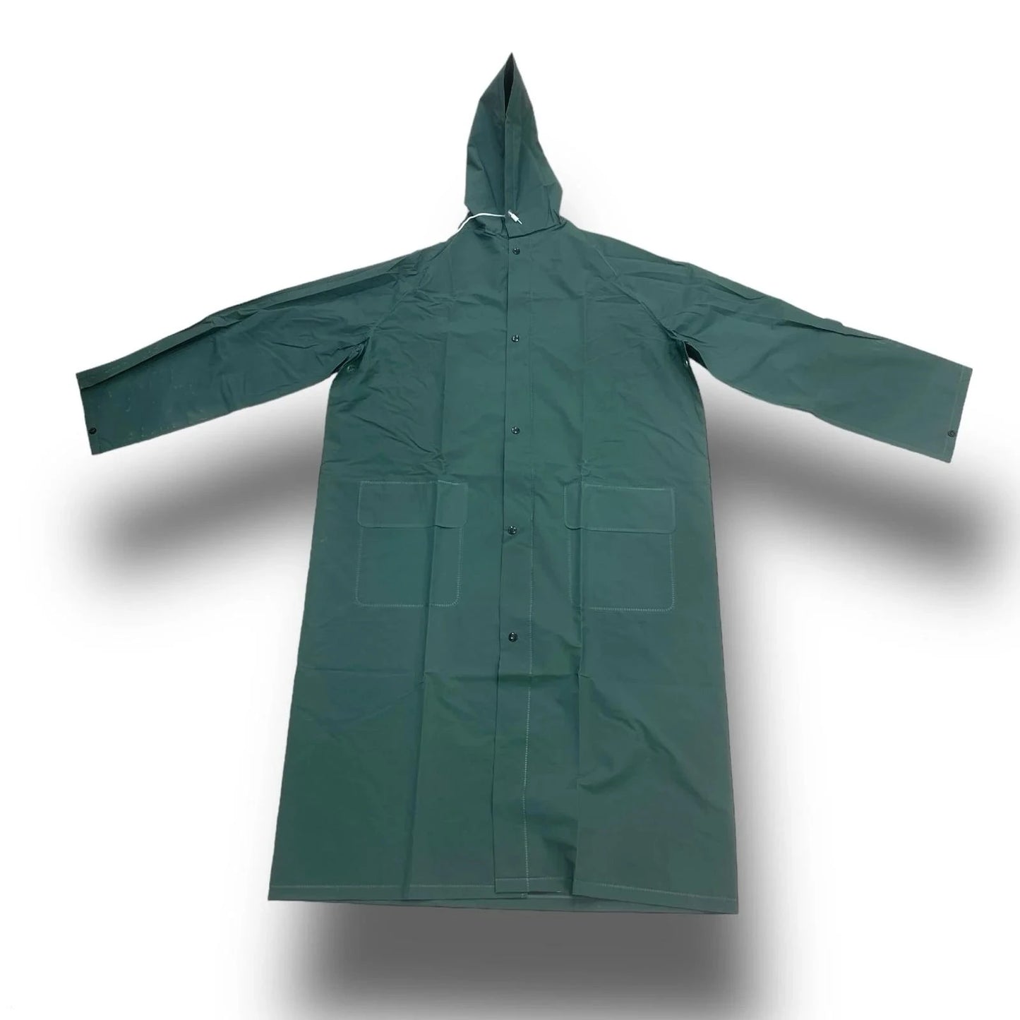 Rain Coat Green Cymate, a lightweight and waterproof raincoat featuring a hood and spacious front pockets, perfect for outdoor activities and unexpected weather.