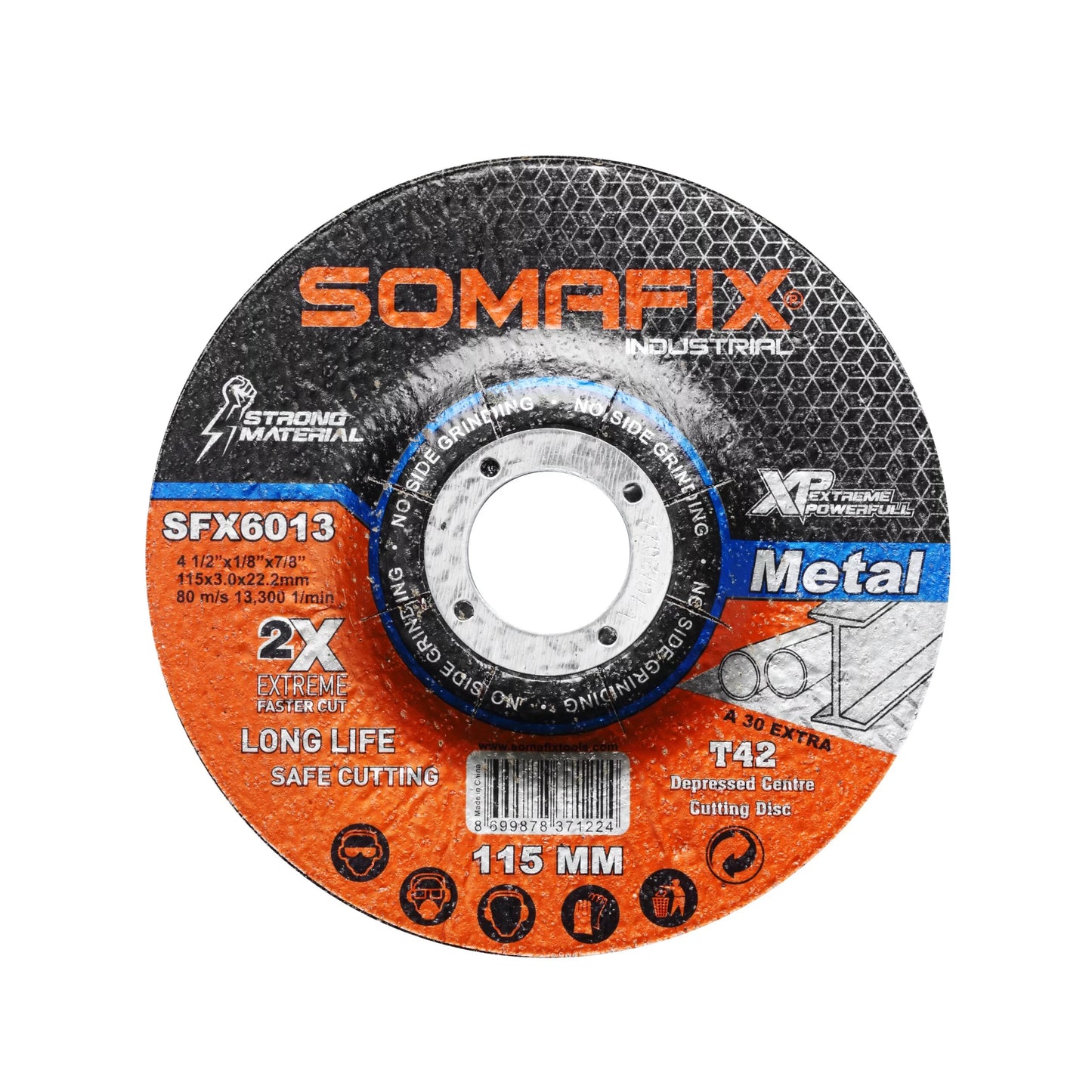 Disc Metal 4.5" SFX6013 Somafix, a durable cutting disc for metal with a pack of 25 pieces, featuring extreme performance and long life for safe cutting.