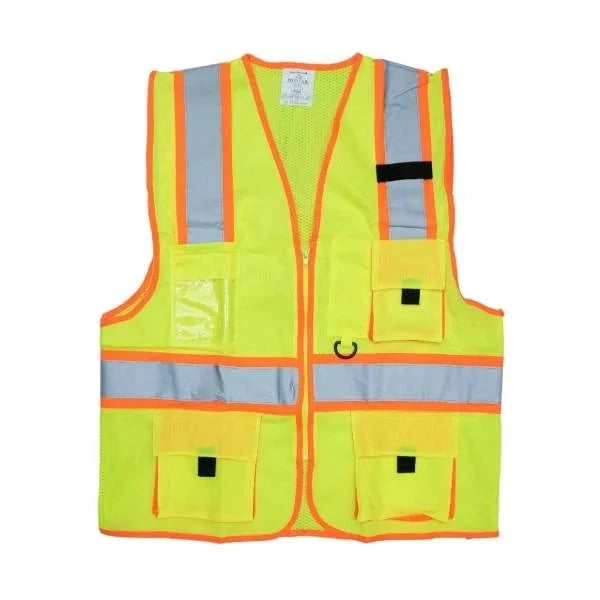 Safety Jacket Cloth 6 Pocket Green MS53923 featuring bright green color and reflective strips, designed for optimal visibility and multiple storage options for tools, ideal for construction and outdoor professionals.