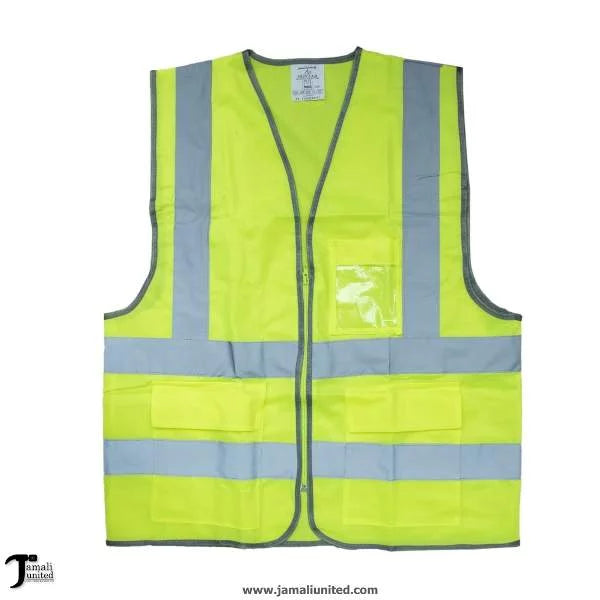 Safety Jacket Cloth 3 Pockets Green MS53922 featuring high visibility fabric, perfect for outdoor work environments, with reflective stripes and three functional pockets for tool storage.