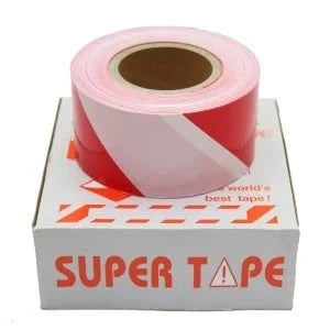 Warning Tape Red White small by SuperTape displayed on a roll, highlighting its vibrant colors suitable for safety and hazard marking.