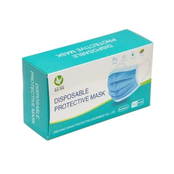 Dust Mask Surgical packaging box featuring a blue disposable protective mask, highlighting its suitability for personal and professional use in protecting against airborne particles.
