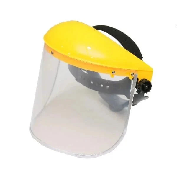 Face Shield Clear With Yellow Top, designed for superior visibility and safety. Perfect for healthcare, construction, and personal use, offering full face protection with an adjustable fit for comfort.