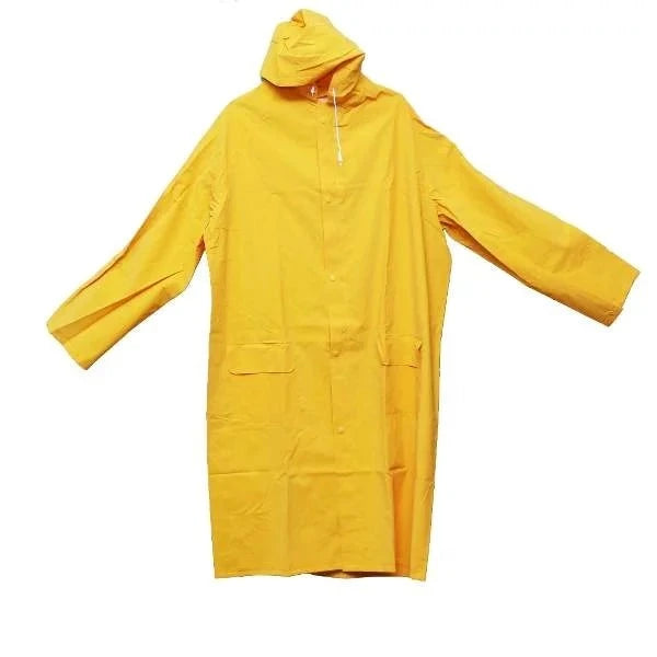 Rain Coat Yellow Cymate: A vibrant yellow raincoat featuring a hood, designed for waterproof protection and stylish outdoor wear. Ideal for various activities in wet weather.