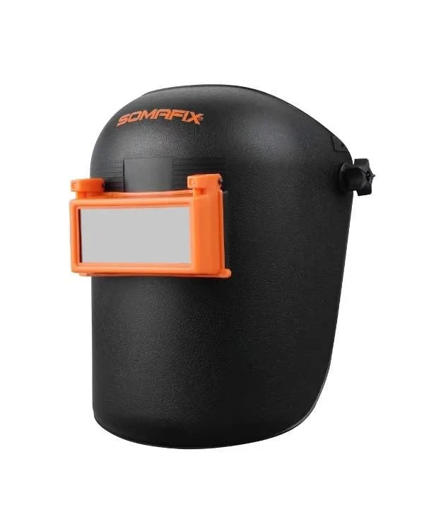 Welding Helmet Black SFX5701 Somafix featuring a sleek black design with an orange visor and sturdy construction, ideal for professional welders and hobbyists.