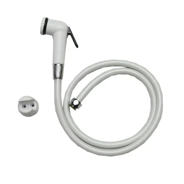 Sanitary Shattaf Cymate image featuring a sleek white bidet spray with a flexible hose, designed for enhancing personal hygiene and bathroom experience.