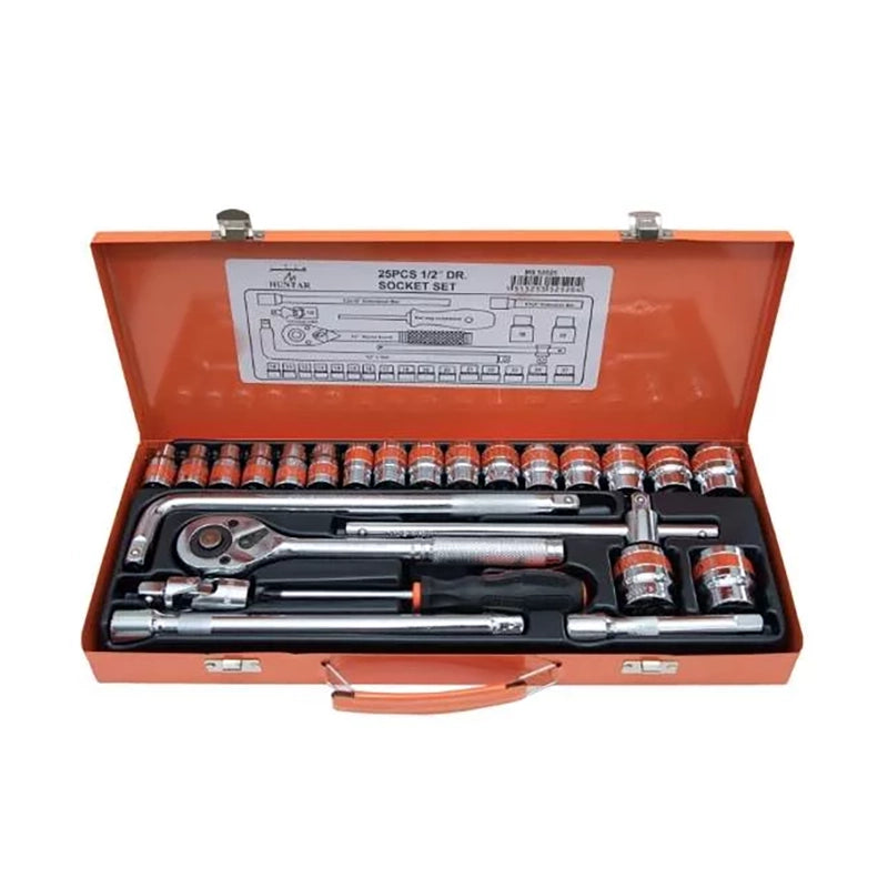 Huntar 1/2" Drive Socket Set 25pcs featuring assorted sockets from 10mm to 32mm, stored in a durable orange carrying case, ideal for automotive repairs and maintenance.