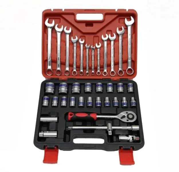 Socket Set 37pcs With Spanner MS53526 Huntar displayed in a durable red case, featuring various socket sizes and spanners for comprehensive mechanical and DIY tasks.