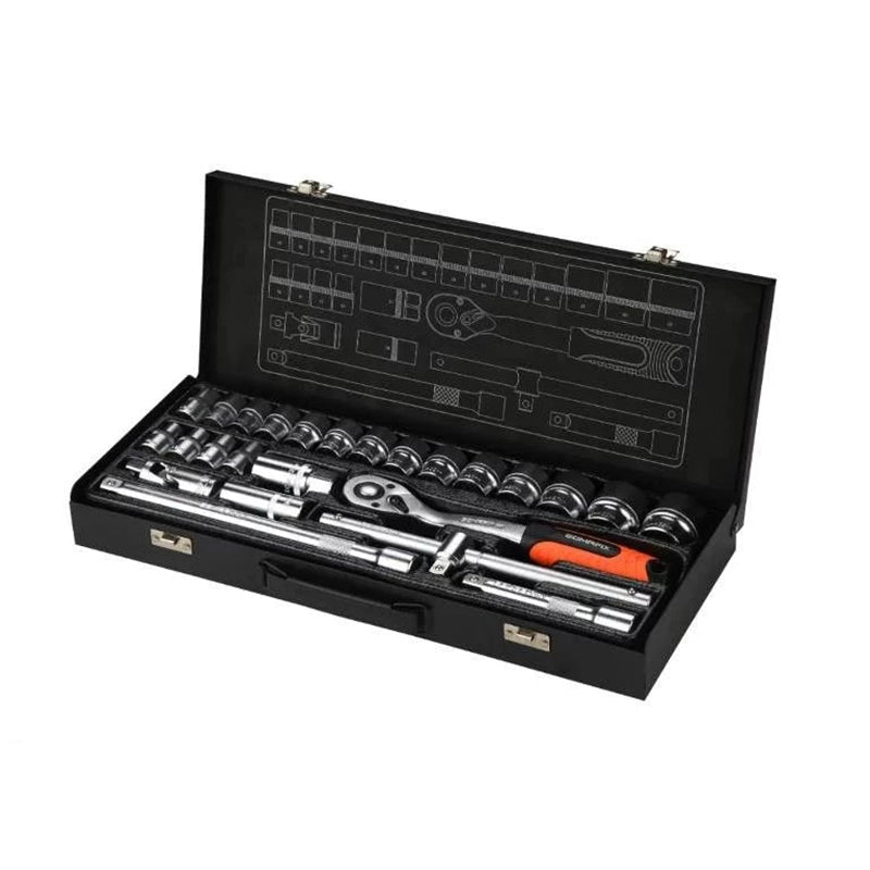Somafix Socket Set 1/2" DR 25pcs Set displayed in a sturdy case, showcasing durable 6-point sockets and precision tools for maintenance and repair projects.