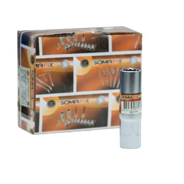 Socket Deep 1/2" DR 12PT Somafix tool displayed with packaging, designed for durability and efficiency in fastening applications.