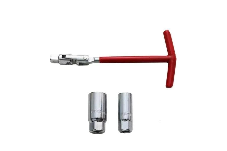 Socket Sparkplug 3pcs Set including a T-handle tool and two spark plug sockets, designed for efficient ignition system upgrades in vehicles.