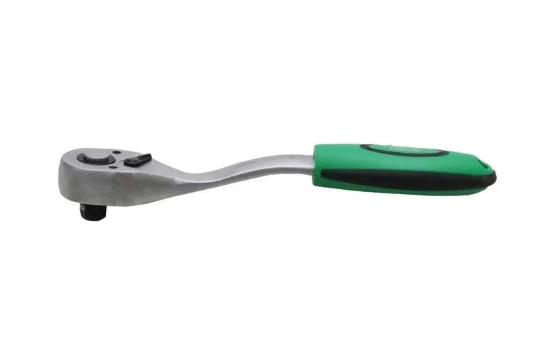 Ratchet Handle 1/2" Bent Handle Hunter, showcasing an ergonomic bent design with a green grip, ideal for versatile applications in DIY and automotive tasks.
