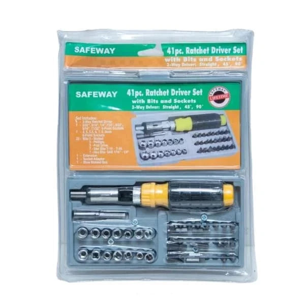 41 pieces socket bit set by Safeway displayed in organized blister packaging, featuring various socket sizes and a ratchet driver, perfect for DIY enthusiasts and professionals.