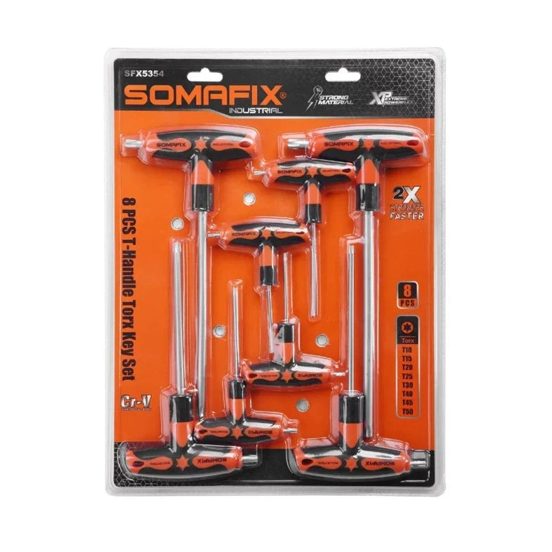 Allen Key 8pcs Flat T Handle SFX5353 Somafix set displayed on an orange background, showcasing ergonomic T handle design for enhanced grip and control.