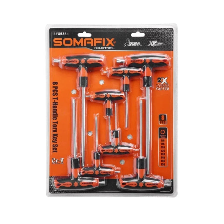 Alenkey Torx T Handle 8-Piece Set SFX5354 by Somafix displayed in packaging, showcasing durable design ideal for maximum torque in various applications. Includes multiple sizes for versatility in DIY and professional tasks.