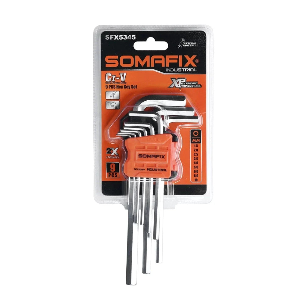 Allen Key 9pcs Set Flat Long SFX5345 by Somafix, featuring a durable design packaged for both professional and DIY use. Includes various sizes for versatile applications in repairs and assembly.