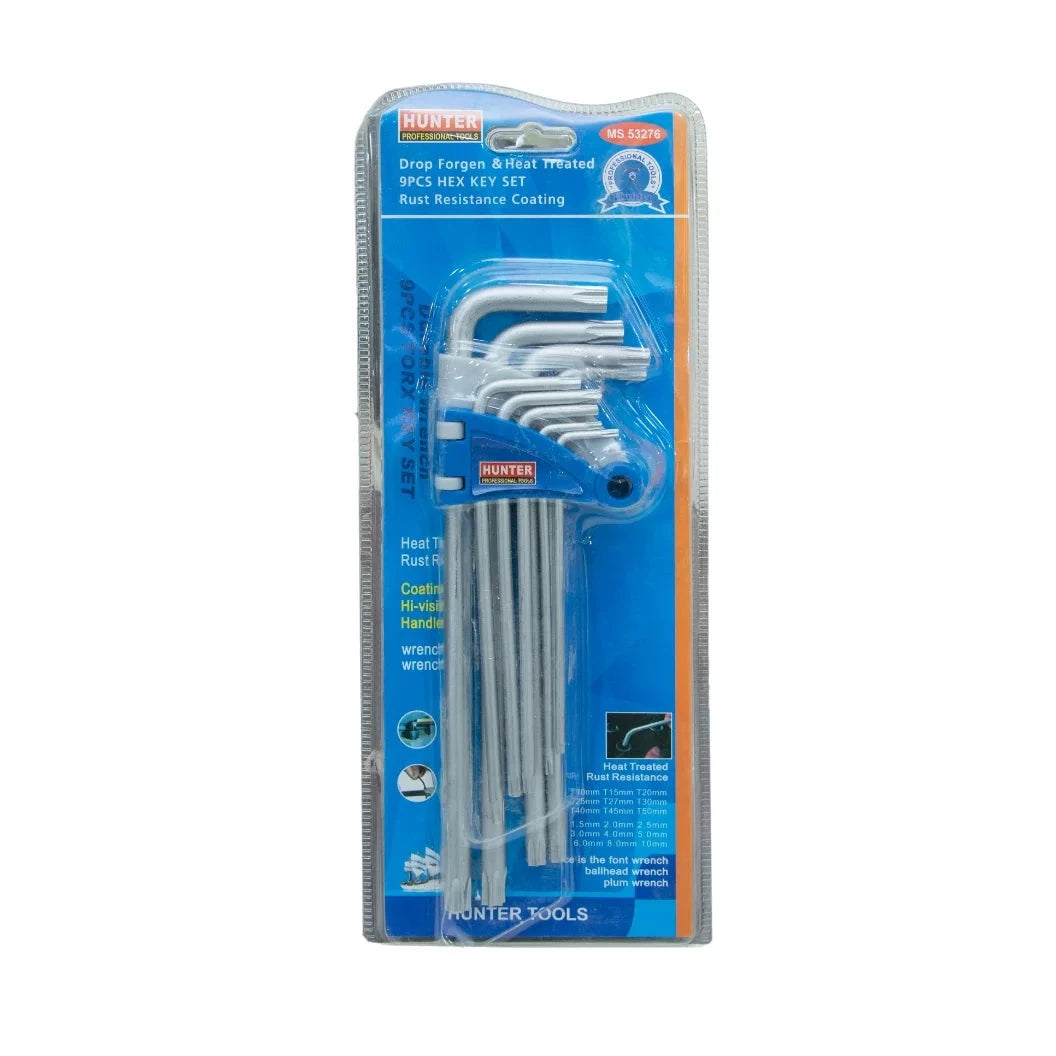 Allen Key Huntar 9 Pcs MS53276 set displayed in packaging, featuring precision-engineered Torx keys, ideal for fastening needs in various applications. Durable design and anti-slip grip for enhanced efficiency.