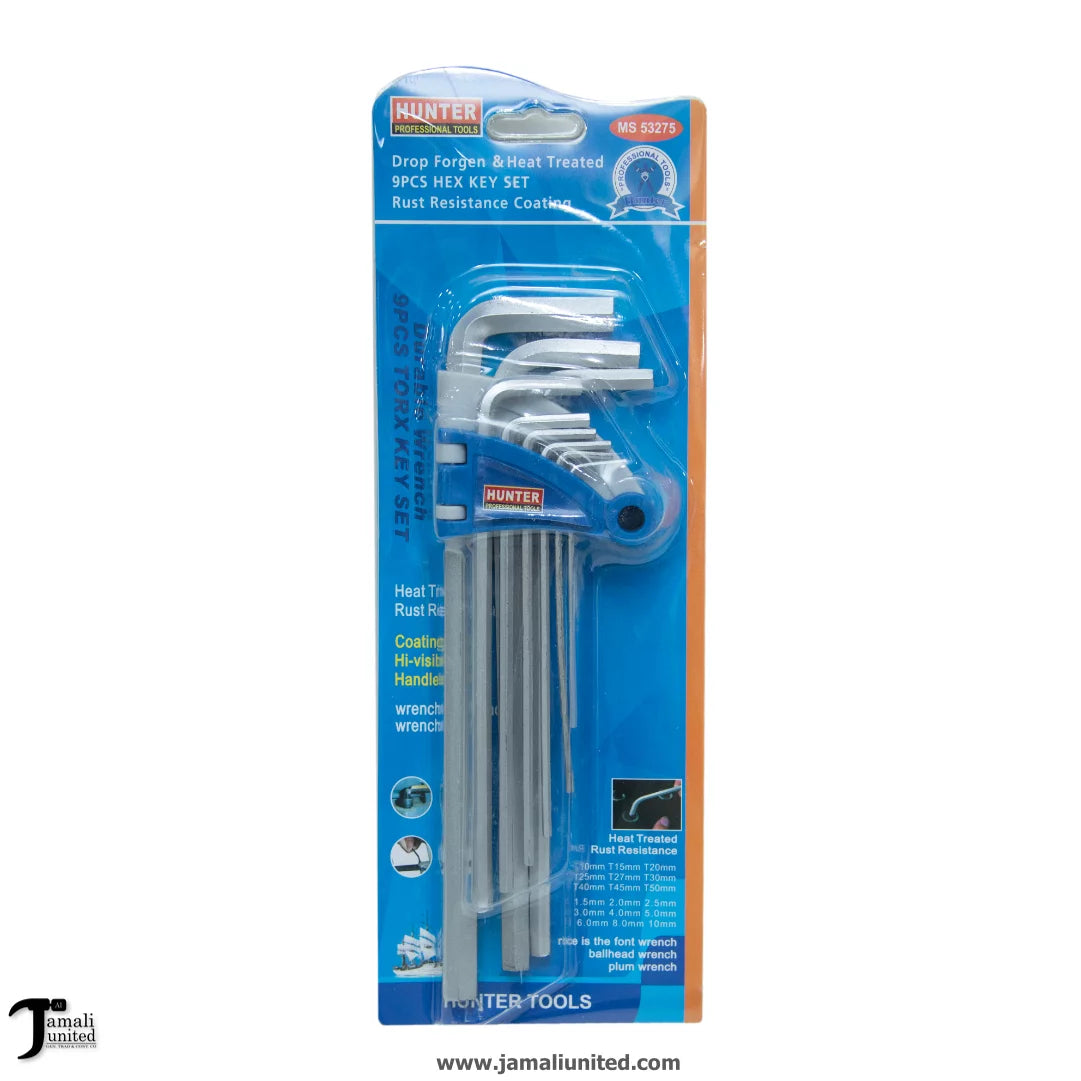 Allen Key Huntar mm Flat 9 Pcs MS 53275 toolset displayed in packaging, showcasing durable, rust-resistant keys suitable for various applications like automotive and home repairs.