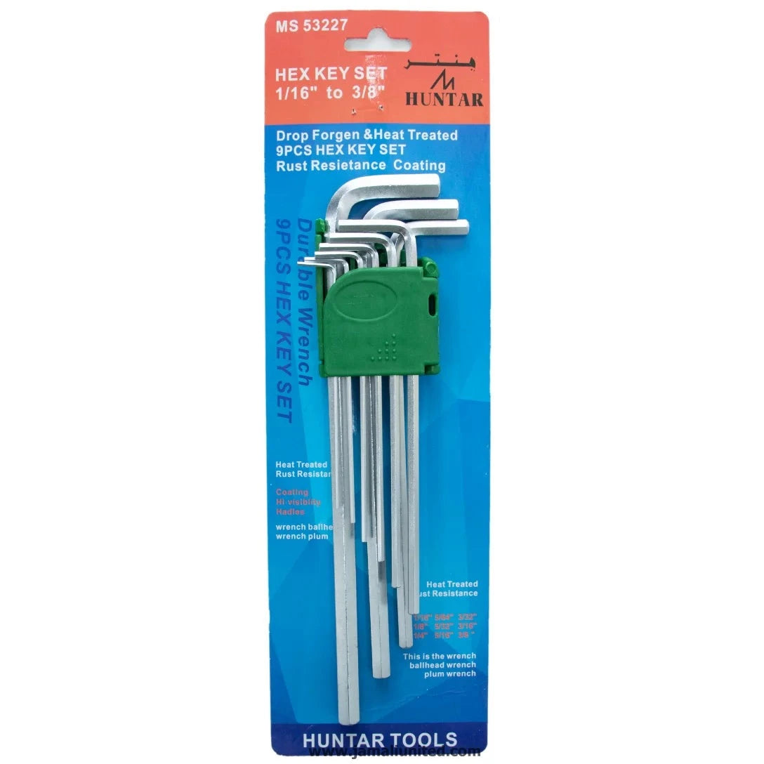 Allen Key Huntar 9 Pcs Set MS53227 displayed in a packaging with clear view of tools, showcasing the drop forged and heat-treated hex keys, ideal for professional and DIY use.