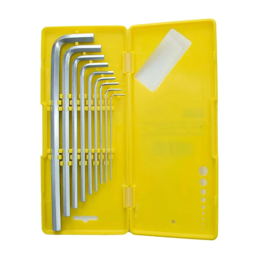 Allen Key Huntar Flat Plastic Box 9 Pcs featuring 9 high-quality steel Allen keys arranged neatly in a yellow plastic case, designed for easy storage and organization.