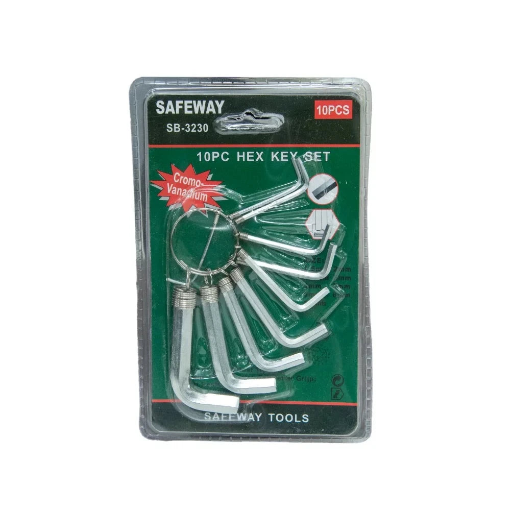 Allen Key 10pcs SB-5230 set by Safeway, featuring a variety of sizes and durable construction in a classic chrome and black finish, suitable for various fastening tasks.