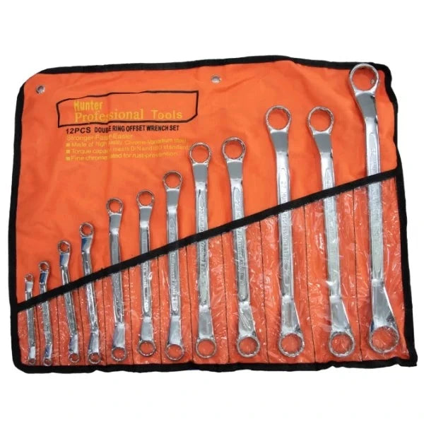 Spanner Set Chrome Ring 12pcs 6-32mm displayed in a protective orange tool roll, showcasing a set of durable chrome-finished spanners for efficient mechanical and DIY tasks.