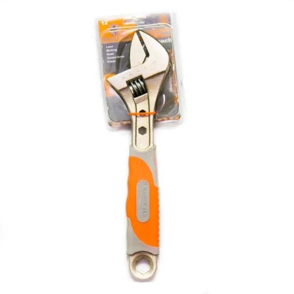 Adjustable Wrench 8" Orange / Grey Transformer displayed in packaging, showcasing its ergonomic handle and bold color design for easy identification and tool versatility.