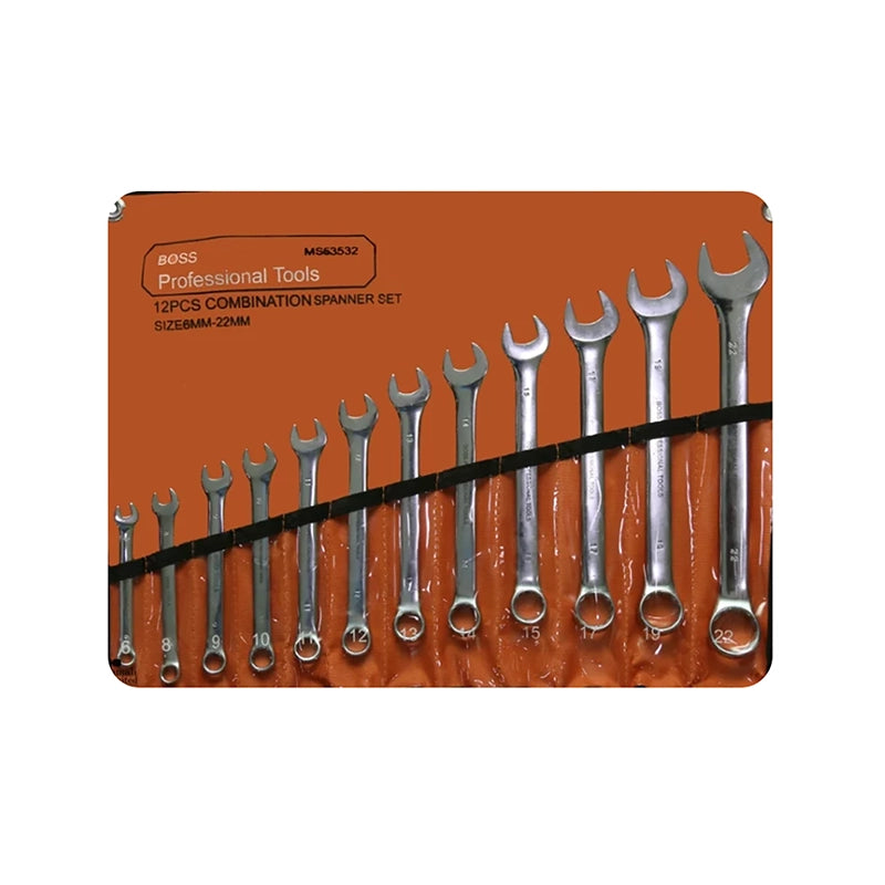 Boss Spanner D/O 12pcs Set mm displayed in a professional tools packaging, showcasing a variety of combination spanners ranging from 8mm to 22mm.