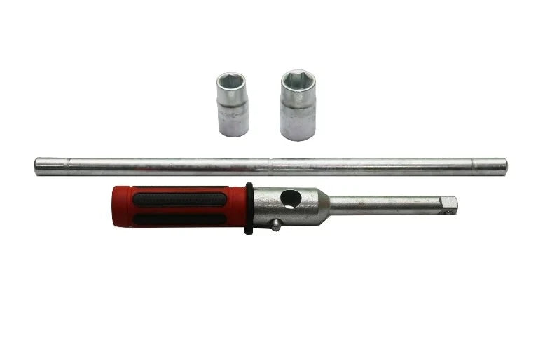 Spanner Cross Blister Card 5pcs set featuring a ratchet handle, two socket attachments, and a metal extension bar, designed for durability and precision in mechanical tasks.