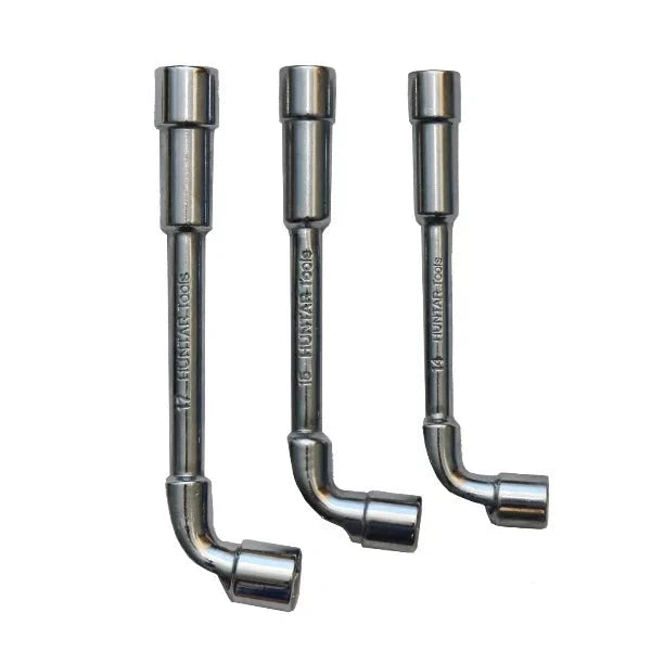 Three Spanner L Type Heavy-Duty wrenches by Huntar displayed side by side, showcasing the unique L-shaped design for enhanced grip and leverage. Ideal for professional mechanics and DIY enthusiasts, these tools are made for durability and efficiency in various mechanical tasks.