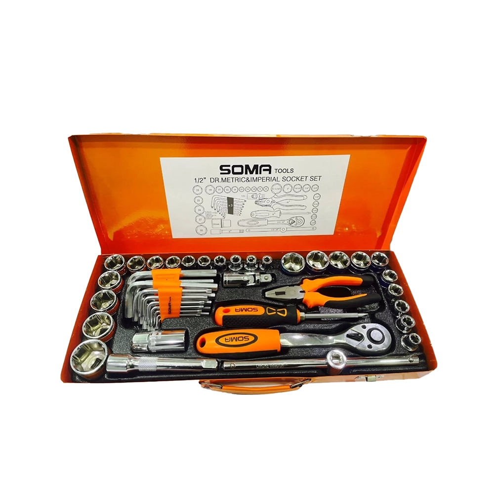 Precision Socket Set - 53pcs set MS53515 Somafix displayed in a durable orange carrying case, showcasing a variety of sockets, ratchet, and pliers, ideal for professionals and DIY enthusiasts.