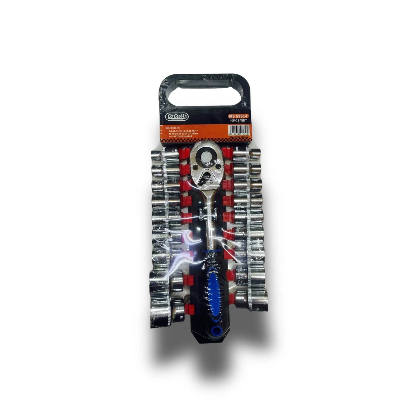 Socket Set Short 1/2" Drive 8-30mm 19pcs with Ratchet MS53514 displayed in packaging, featuring a variety of sockets and a ratchet designed for professional and DIY use.