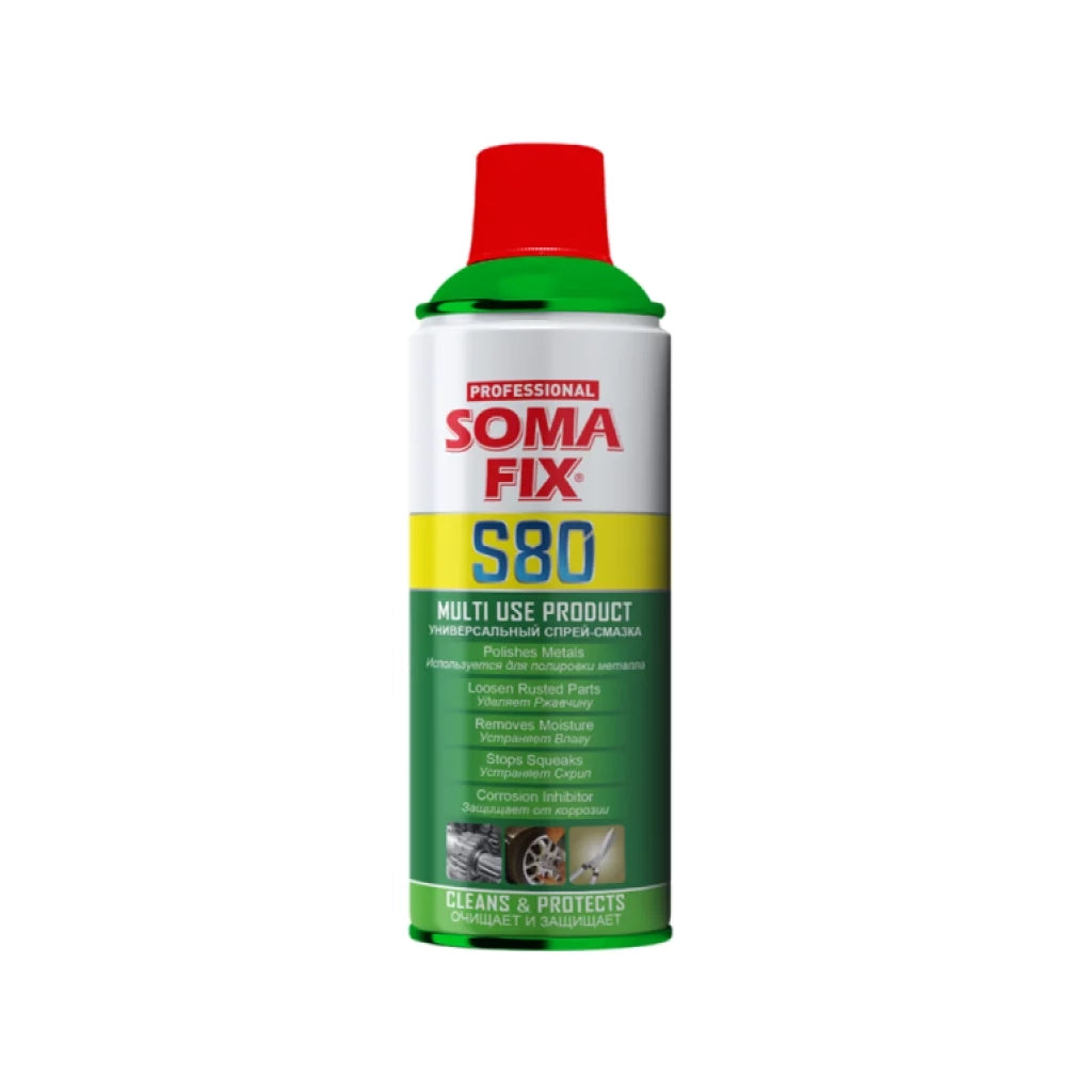 Multi Use Spray S80 400ml Somafix can, featuring a green and red design, ideal for cleaning, lubricating, and preventing rust.