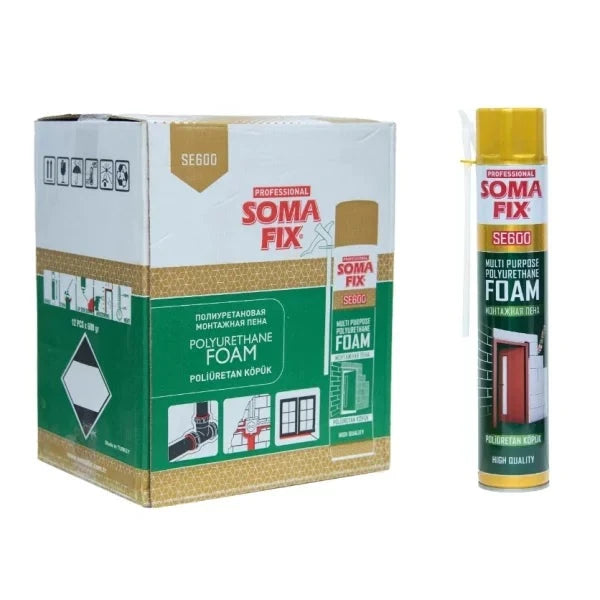 Foam Pu Big SE600 Somafix polyurethane foam adhesive canister and box packaging, showcasing its high-quality performance and versatility for construction and DIY projects.
