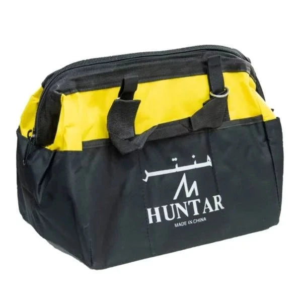 Huntar Tool Bag featuring high-quality tear-resistant fabric in black and yellow, designed for organized tool storage with spacious interior and multiple compartments.