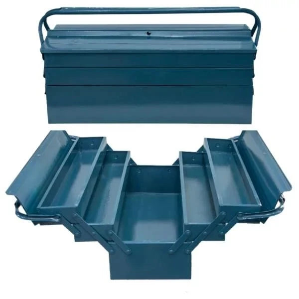 Tool Box Metal Blue Big 21" from Huntar featuring a durable metal construction with an open design, spacious interior, and organized compartments, ideal for tool storage and portability for professionals and DIY enthusiasts.