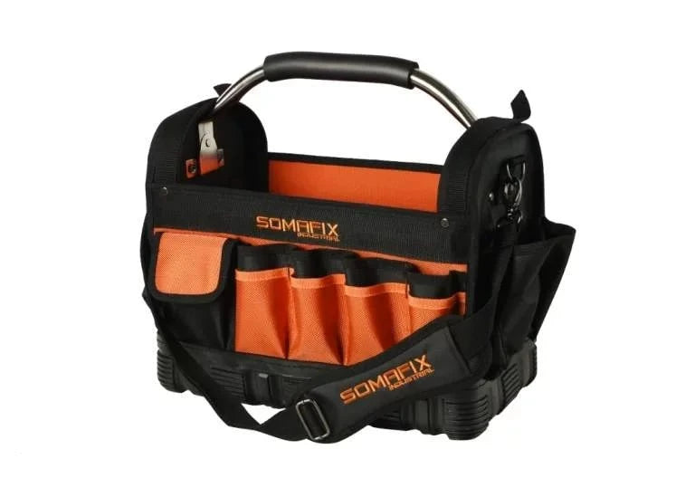 Somafix Tool Bag SFX6002 featuring 30 pockets, designed for versatile tool storage and easy portability with an adjustable shoulder strap and sturdy handle.