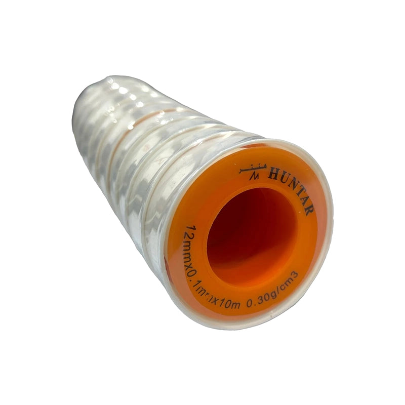 Huntar Teflon Tape 12mm X 10mtr showcasing its durable composition for reliable plumbing projects, ideal for leak-free connections and corrosion prevention.