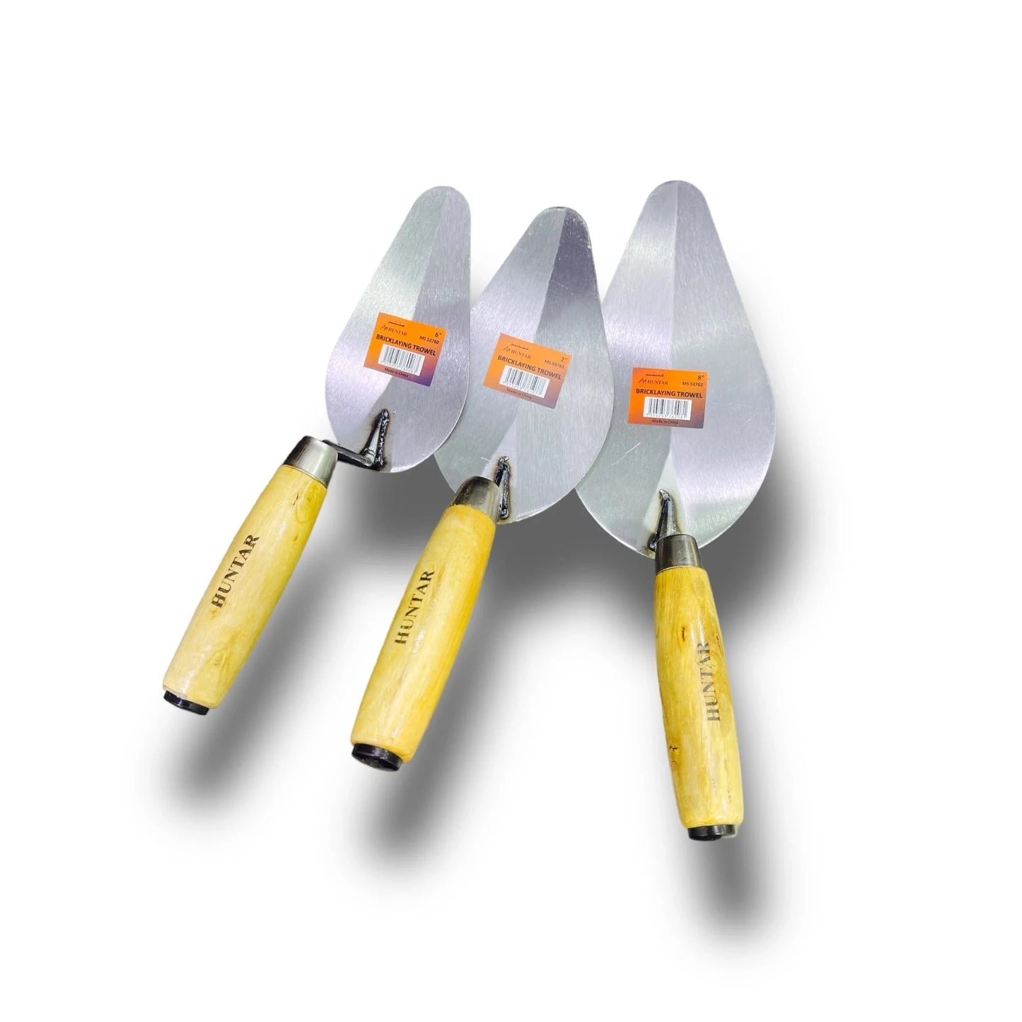 Huntar Brick Trowel with Round Wooden Handle, professional quality tool for bricklaying projects, showcasing three trowels with sturdy handles and precision design.