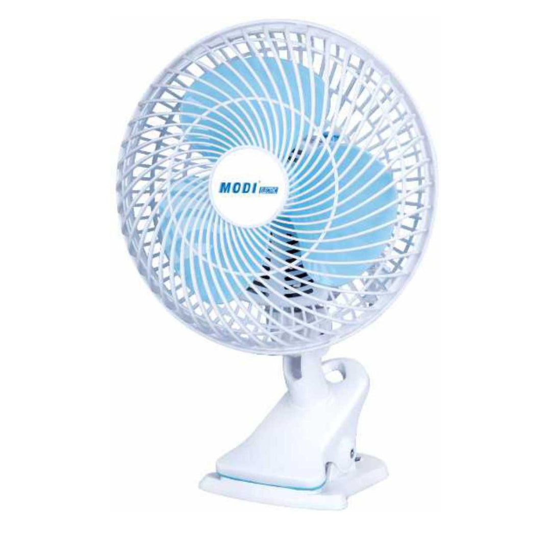 Mini Clip Fan 6inch, compact clip-on fan with a sleek white design and blue blades, ideal for personal cooling and versatile placement on desks, tables, or strollers.