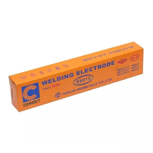Welding Electrode MT-12 packaging by CENMET, featuring a bright orange box labeled with E6013 specifications, designed for superior welding performance and reliability, ideal for various welding applications.