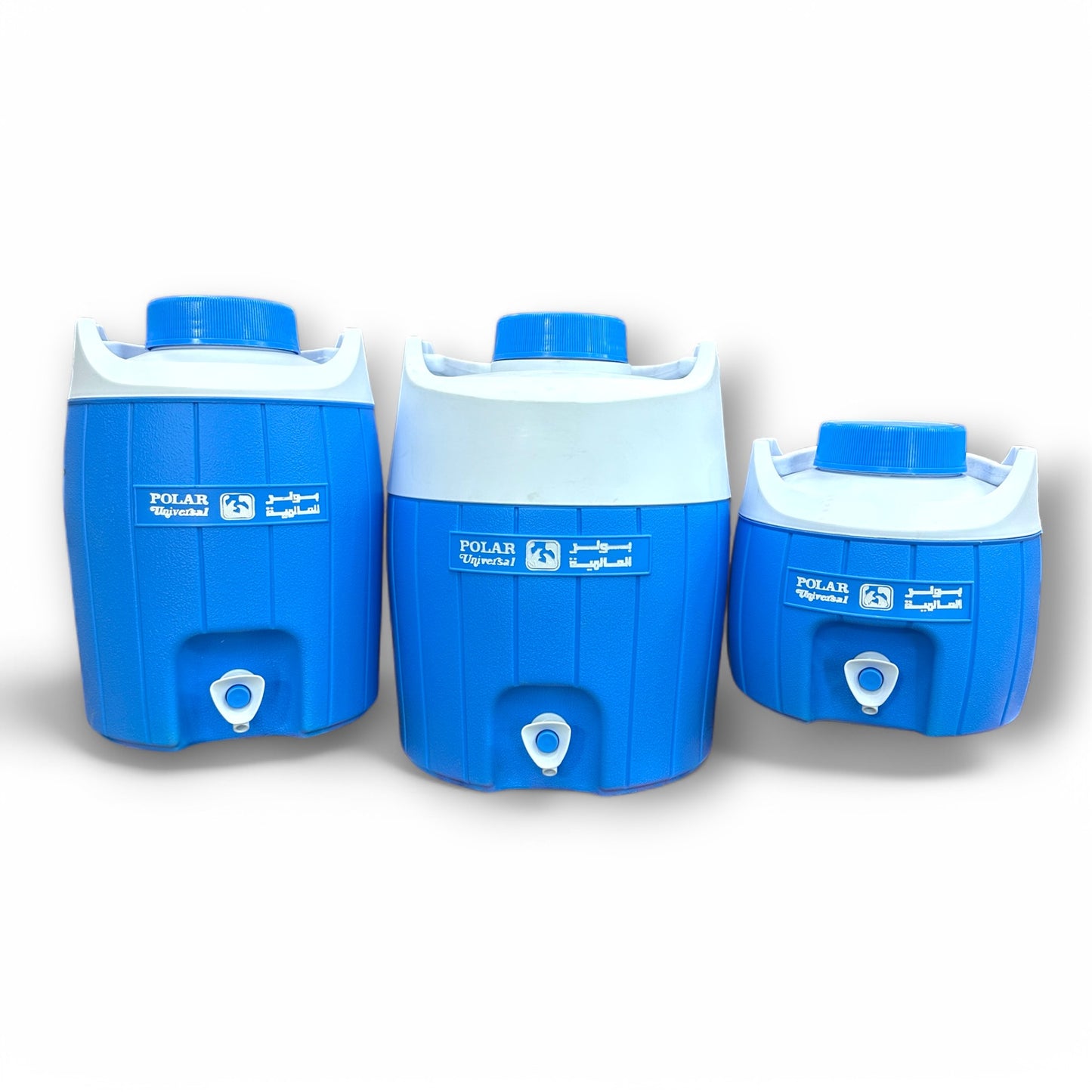 Polar Universal Water Cooler Set featuring three sizes of water coolers in blue, designed for hydration with universal compatibility for water dispensers.