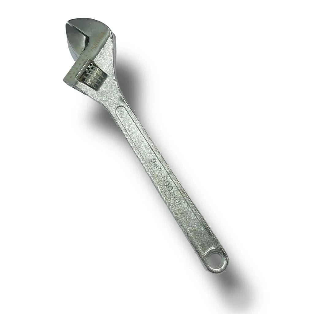 Adjustable Wrench 24" Chrome Huntar, featuring a polished chrome finish, designed for versatility in plumbing, electrical work, and general repairs, offering adjustable jaw for gripping various fasteners.