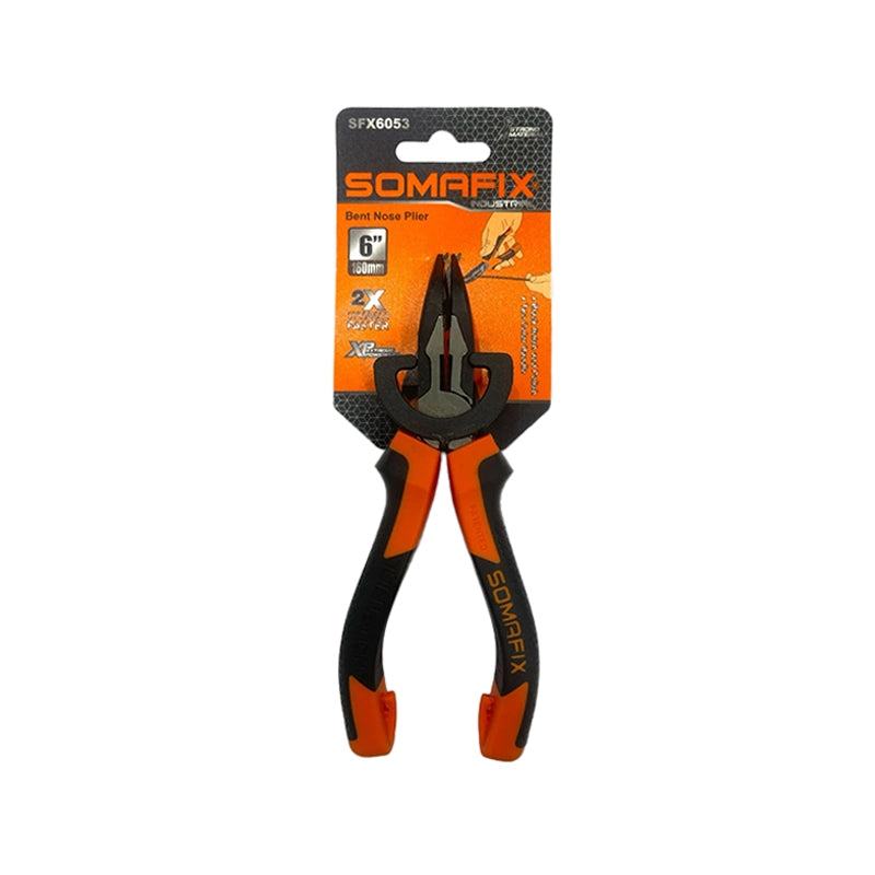 Nose Plier Bent 6" SFX6053 Somafix displayed on packaging, featuring ergonomic grips and a bent nose design for precision work.