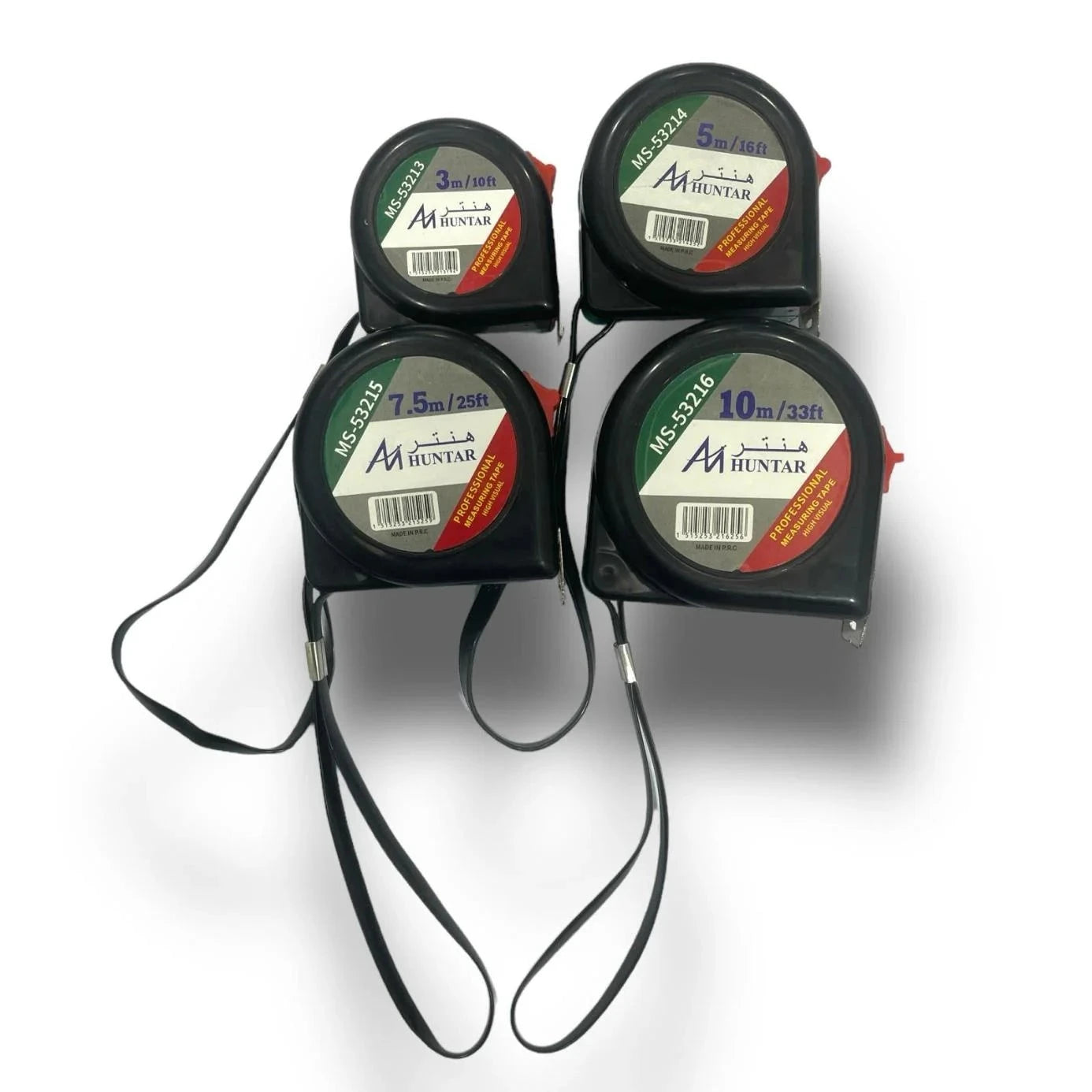 METER DOUBLE SIDE NEW HUNTAR tape measure set featuring various lengths including 3m, 5m, 7.5m, and 10m for precise measuring in professional applications.