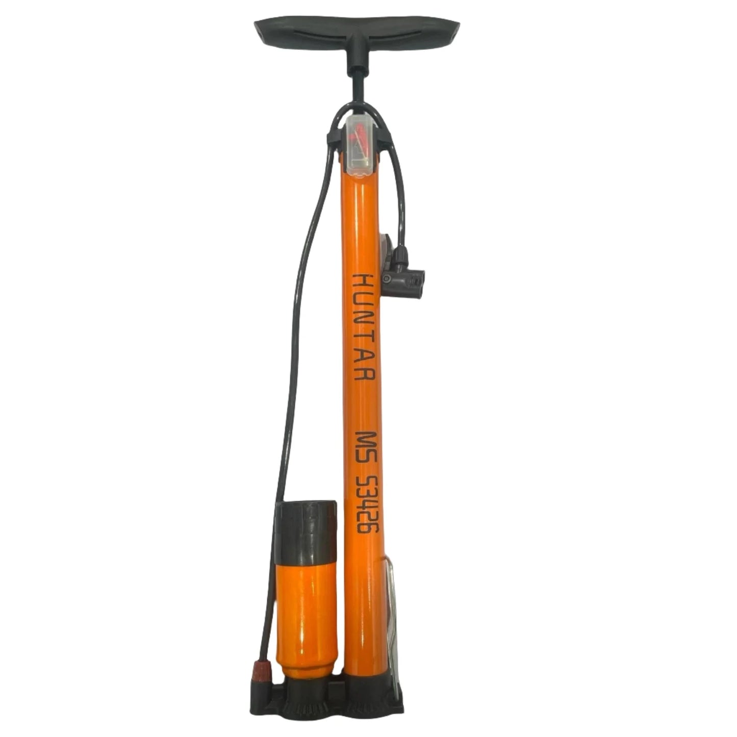 Cycle Hand Pump with Gauge MS53426 Huntar in bright orange color, featuring an ergonomic design for comfortable use and a precision gauge for accurate inflation of bike tires.
